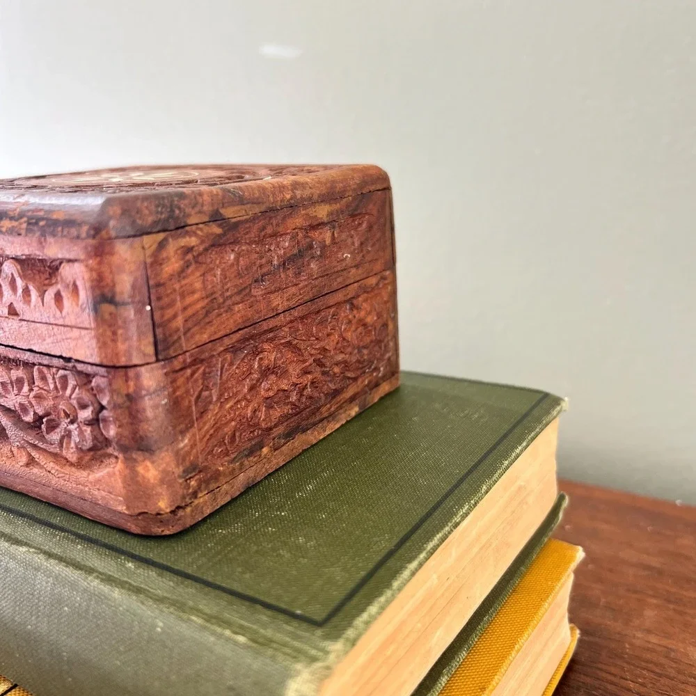 Vintage Hand Carved Wood Jewelry Box With  Inlay Floral Trinket Box Cottage Boho